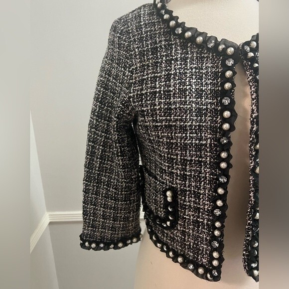 Maje Tweed Blazer Cropped Embellished Faux Pearls and Rhinestones XS - Picture 5 of 11